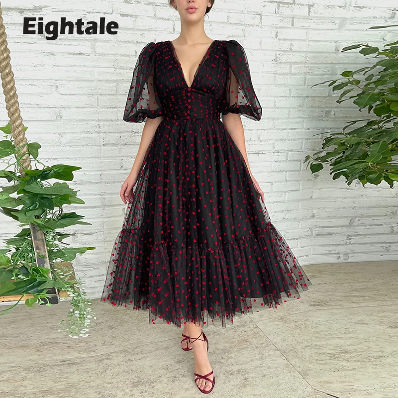 

Eightale Short Prom Dresses Medium Puffy Sleeve Black Tulle with Velvet Red Hearts Party Dress vestidos para graduación