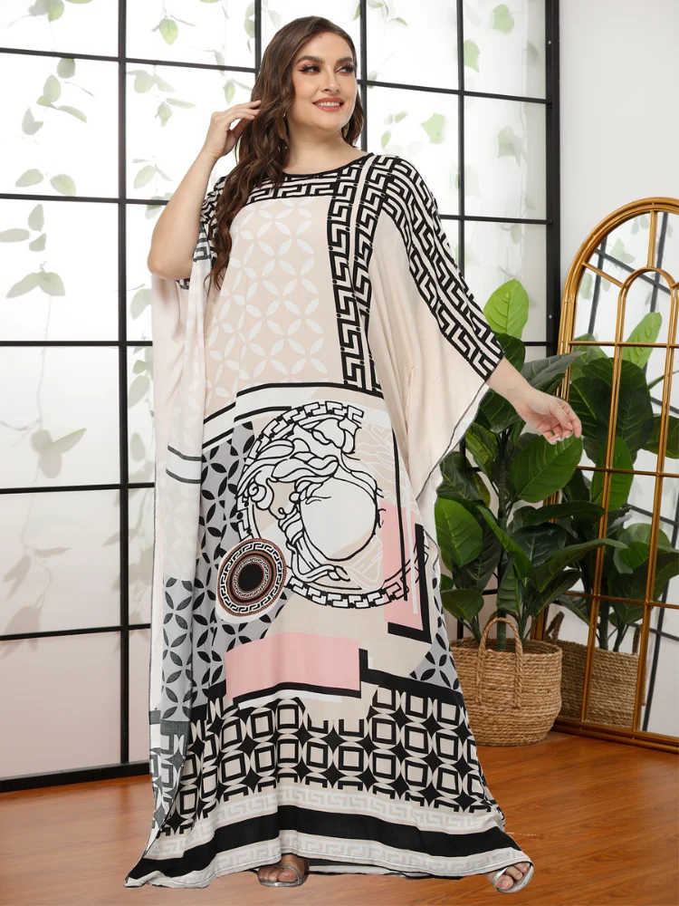 Ramadan Arabic Dresses For Women Print Bat Sleeve Maxi Dress 2022 Casual Loose Oversized Religious Robes Feminine Clothes