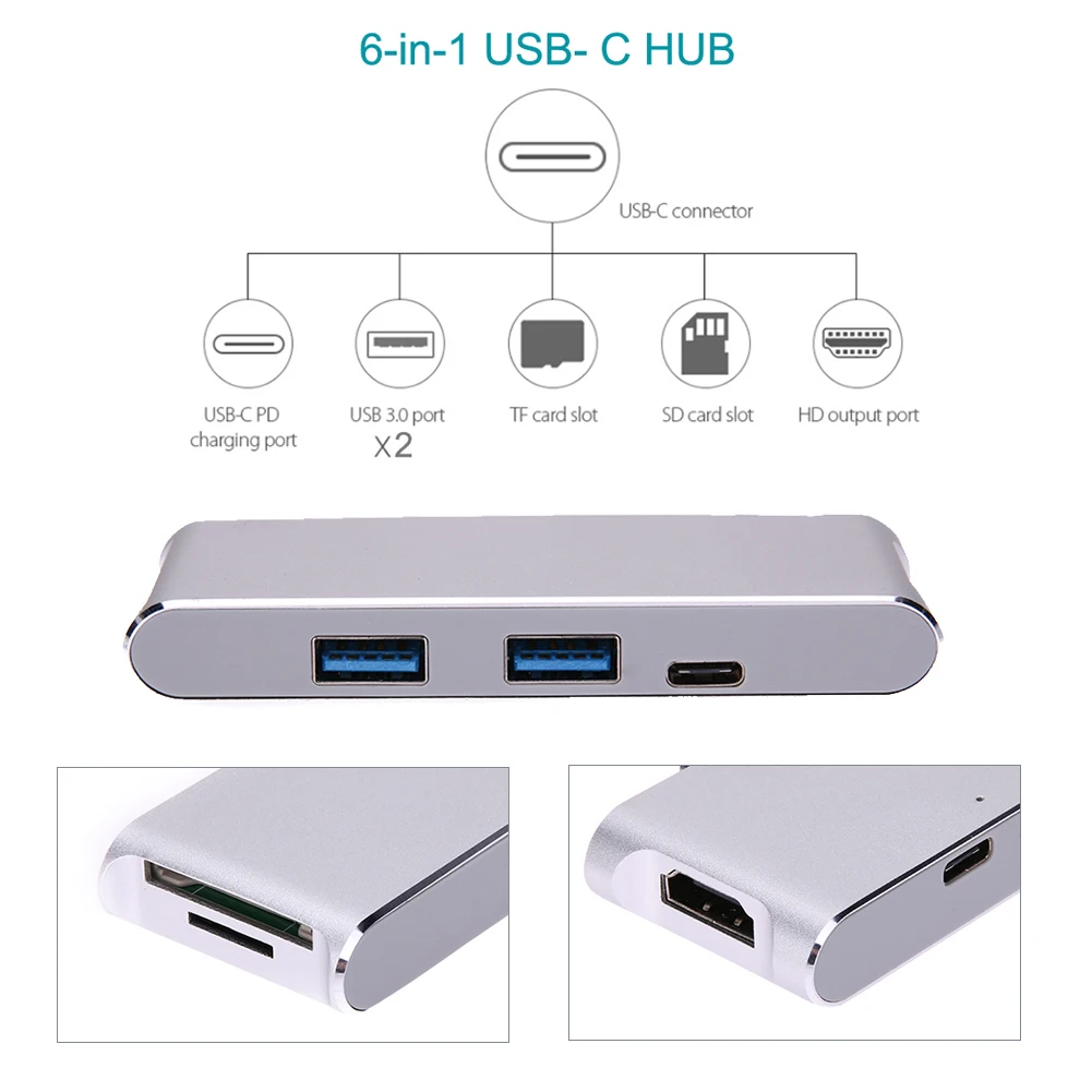 

6-in-1 USB C USB-C Hub with Type C Power Delivery Hub 4K HD Output USB 3.0 HUB SD/TF for MacBook Pro Huawei P20 Pro