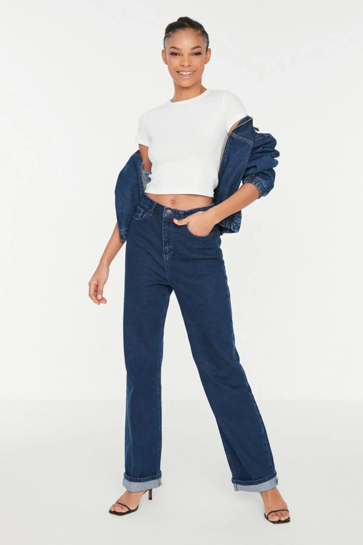

Women's Jean Navy Blue High Waist & S Wide Leg With Fold Up Detail Straight Pant Jeans Buttons Zipper Ladies