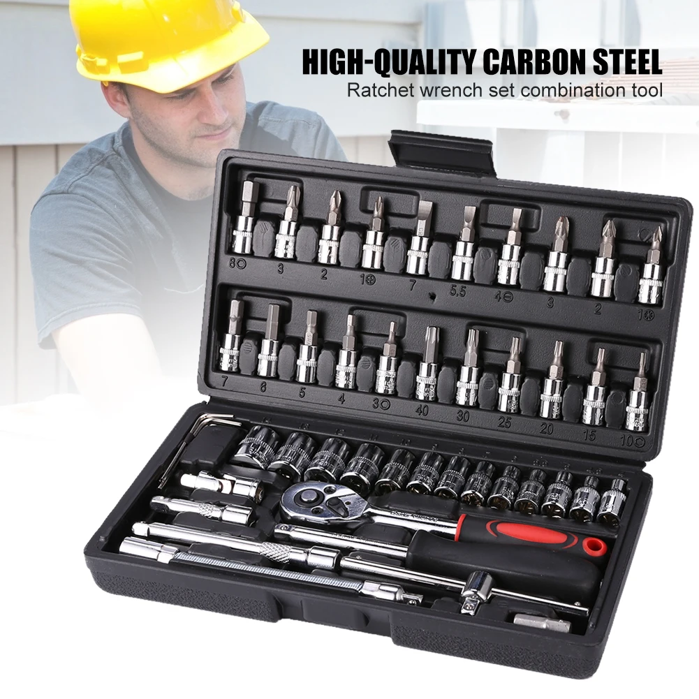 

46pcs Carbon Wrench Set Steel Mirror Socket Combination Set Durable Ratchet Combination Tool Auto Repair Tool Accessory