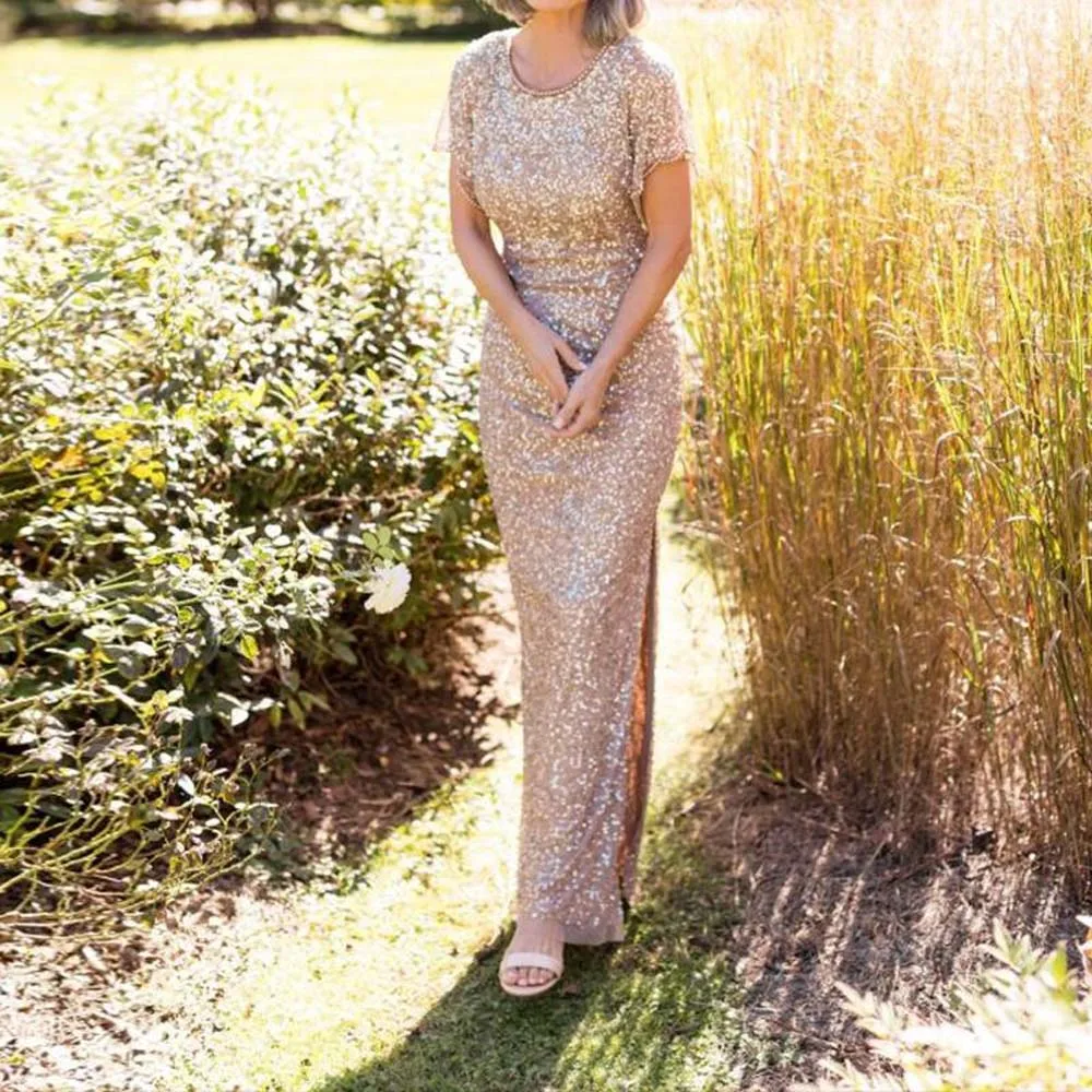 

Maxi Dress Gold Sequin Dress Round Neck Short Sleeve High Slit Slim Shift Dress Evening Party Sexy Summer Dresses Woman 2022