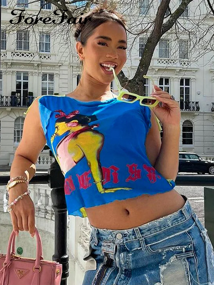 

Forefair Y2K Summer Casual O-neck Letter Print Patchwork Women Crop Top American Retro Sleeveless Bodycone Streetwear Tank Top