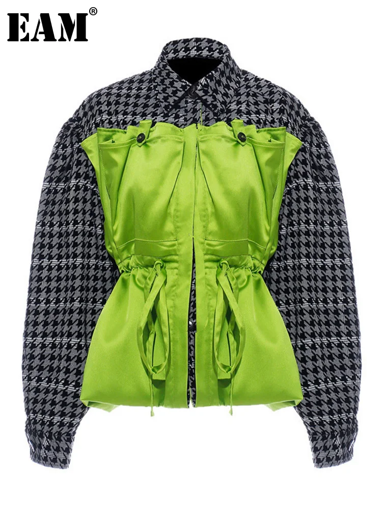 

[EAM] Loose Fit Plaid Drawstring Split Big Size Jacket New Lapel Long Sleeve Women Coat Fashion Tide Spring Autumn 2022 1H203