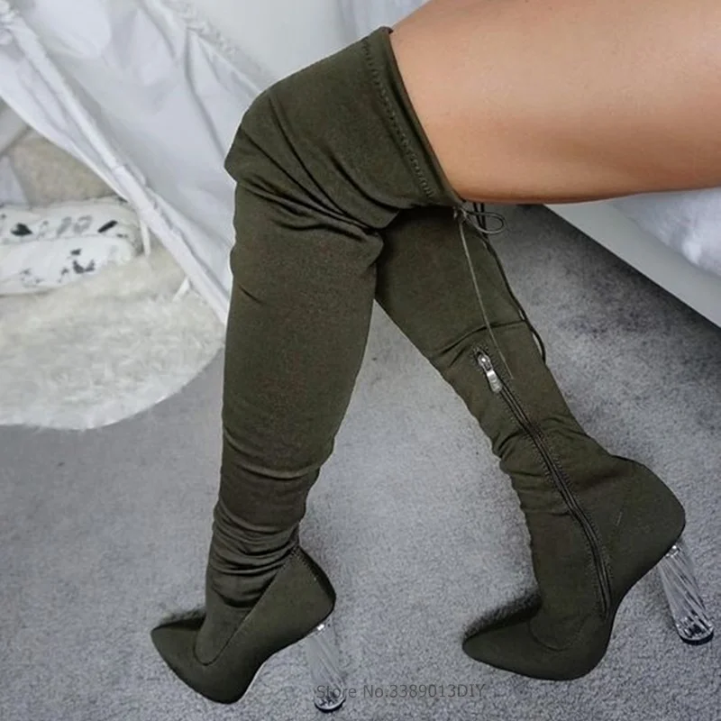 

Women Transparent Block Heels Over Knee High Boots Stylish Dark Green Suede Pointed Up Chunky Heel Lace Up Long Boots