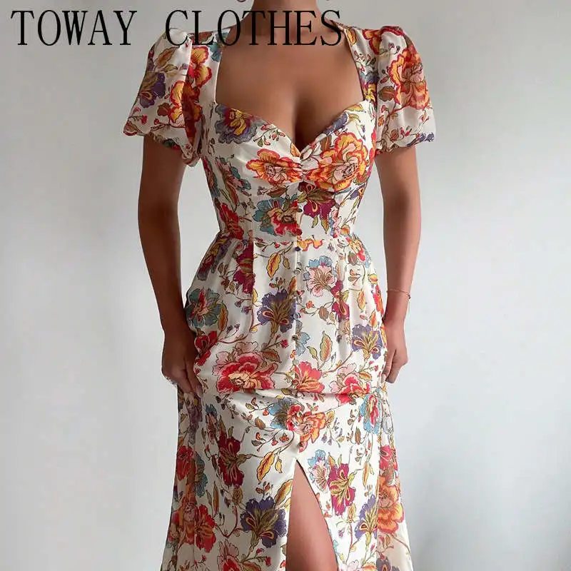 

Dress For Women 2022 Chic Short Lantern Sleeves All Over Floral Print Sweet A-line High Silt Party A-line Dress