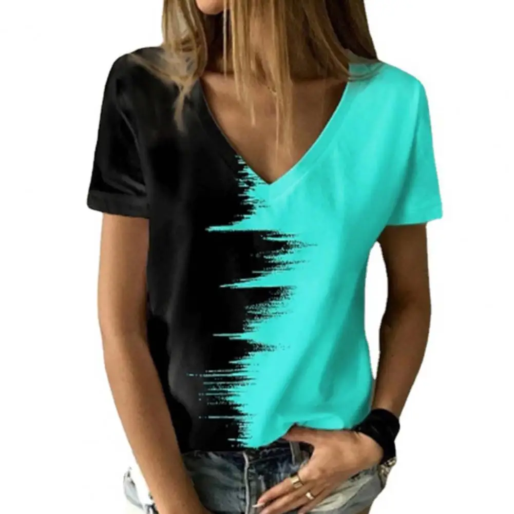 

Blue 3D Print Painting T Shirt V-Neck Short Sleeve Loose Female T-shirt Abstract 3D Printed Fashion Women T-shirt Streetwear