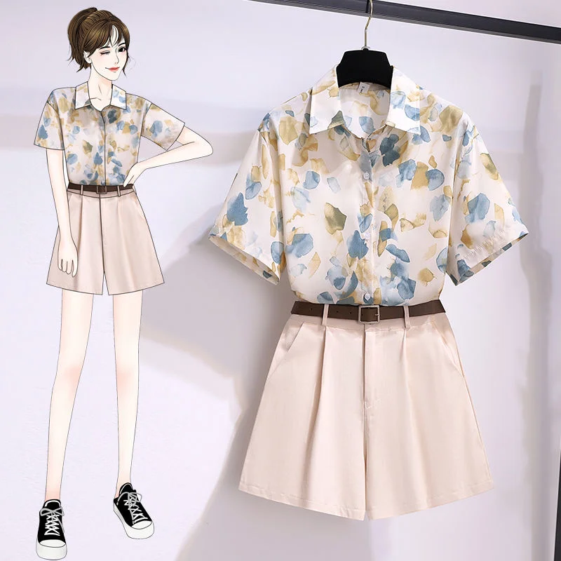 

2022 Summer New Fashion Set Short Sleeved Chiffon Chic Wide Pine Shirt Casual High Waist Wide Leg Short Pants Two Piece Suit