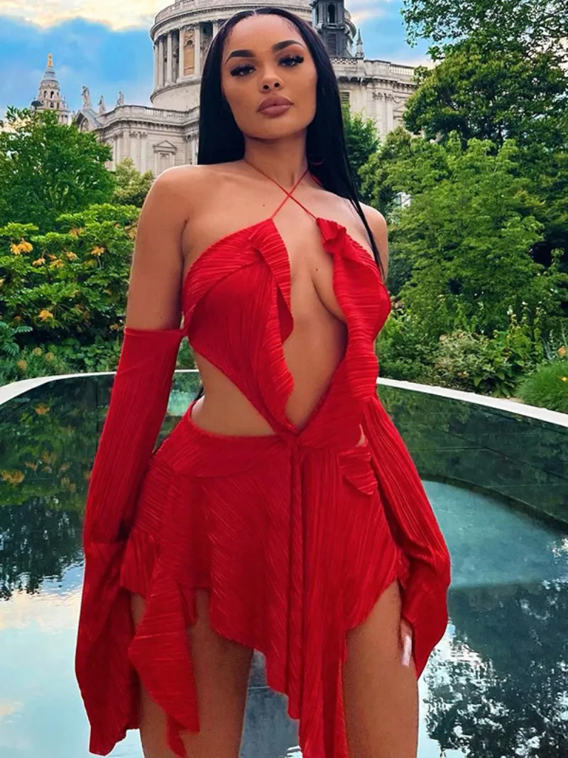 

Women's Sexy Red Halter Lace-up Bandage Beach Dress 2023 Autumn Fashion Off Shoulder Flare Sleeve Irregular Party Club Dresses