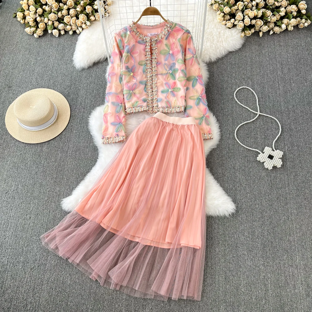 Floral Embroidery Nailed beaded short coat + tulle  long skirt pink two-piece set