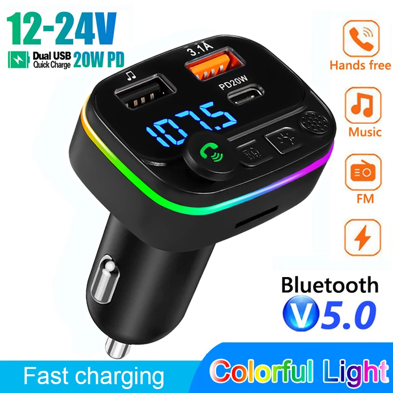 

FM-трансмиттер автомобильный с поддержкой Bluetooth 5,0 и двумя USB-портами, 20 Вт