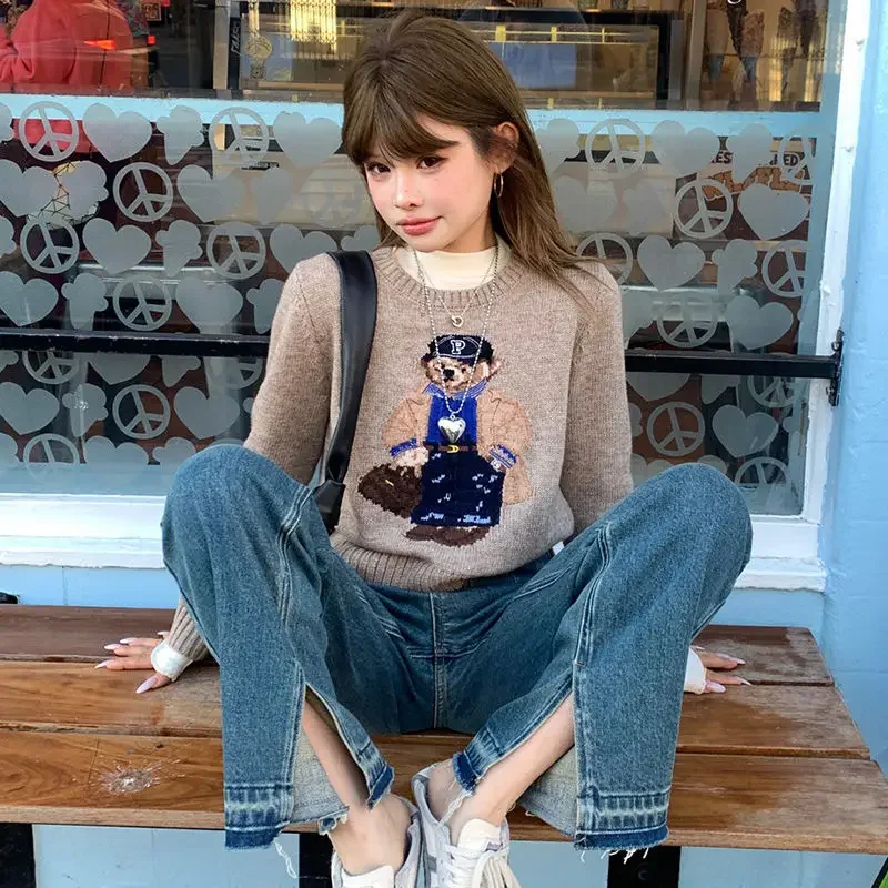 Новый осенний вязаный свитер женский милый медведь с вышивкой круглый вырез