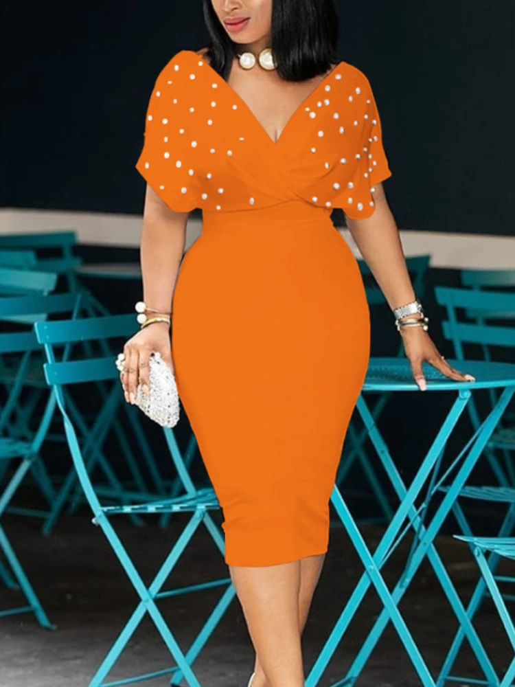 

Women Bodycon Party Dress V Neck Beadings Elegant Office Ladies Classy Sheath Female Gowns Occasion Evening Summer Fashion Gowns