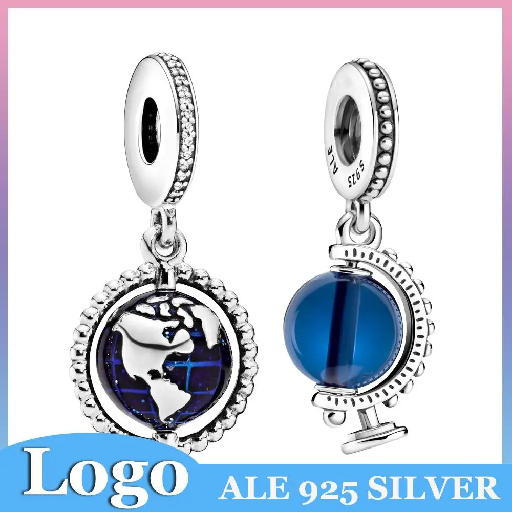 

Fits Pandora 925 Sterling Silver Beads Rotating Globe Blue Globe Charm with Pendant for Women Fashion Bracelet Jewelry Making