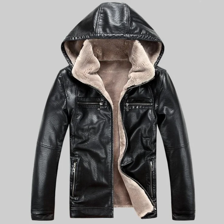 

Hot 2022 New Korean Plus Size Men's Business Casual Leather jacket Men Winter Warm Outwear Mens Detachable hat Fur Coats M-5XL
