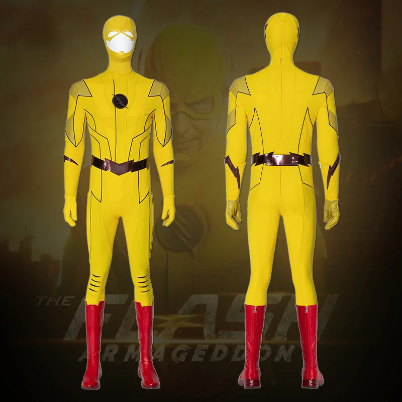 

Movie Yellow Flash Cosplay Costumes Adult Men Cosplay Costume Jumpsuit Red Boots Superhero Bodysuit Halloween Party Costumes