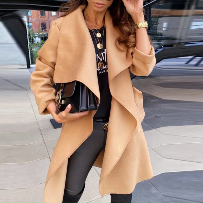 

Elegant Big Lapel Bandage Belted Spring Summer Thin Cardigan Coat Women Woolen Outerwear Fashion Solid Jacket Casual Long Sleeve