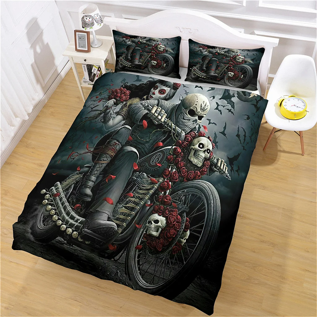 

Black Horror Couple Rose Skeletons Skull Drive Motorcycle Bedding Sets Single Double Bed Duvet Cover Set and 2 pcs Pillow cover