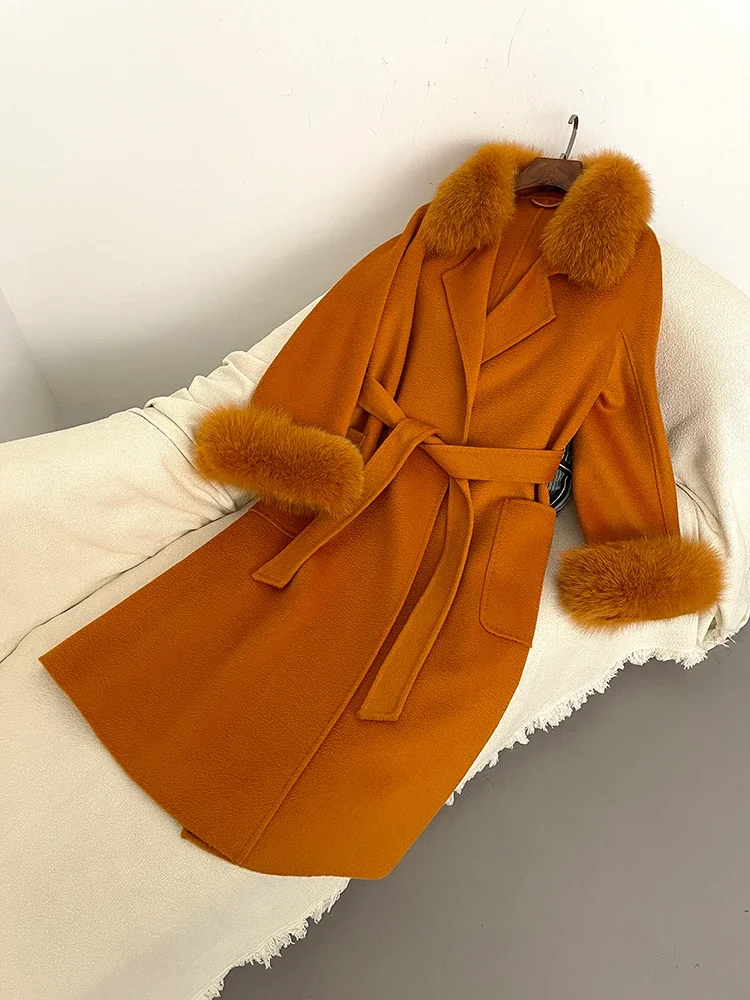 Женское шерстяное пальто с натуральным лисьим мехом элегантная свободная