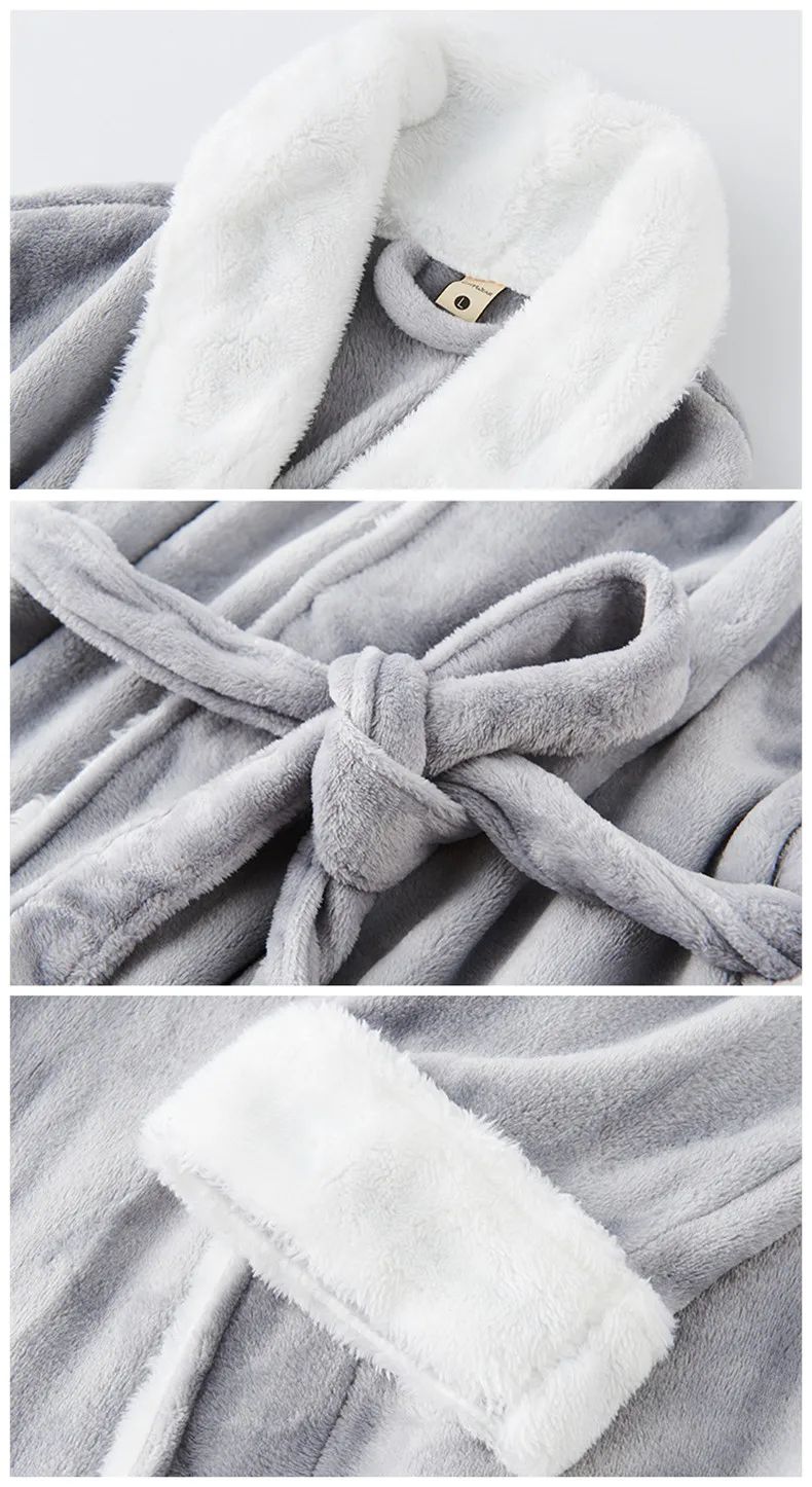 Solid Autumn Winter Long Couple's Dressing Gown Warm Flannel Bath Belt Robes Night Sleepwear Women Men