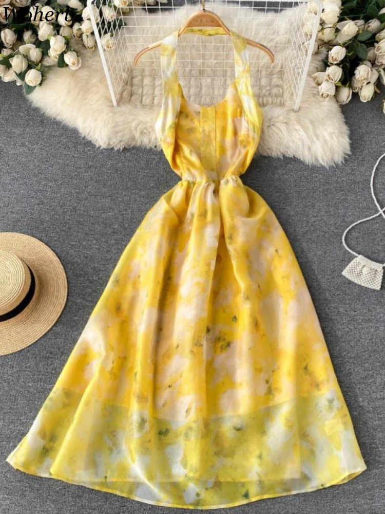

ZCWXM Summer Bohemia Chiffon Off Shoulder Dress Women Halter Sleeveless Backless Beach Sexy Club Dress Evening Party Dresses