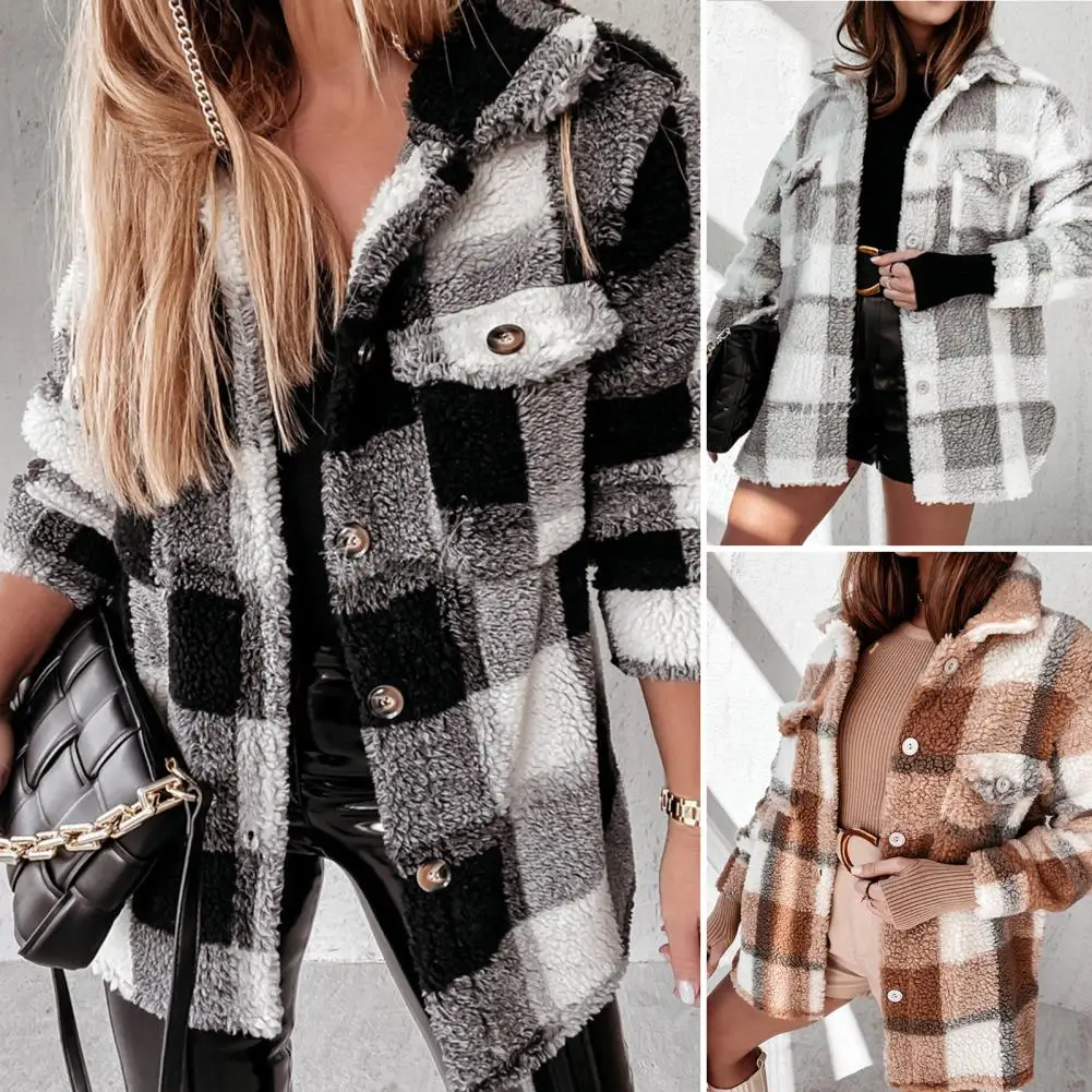 

Women Winter Jacket Contrast Colors Plaid Print Pockets Long Sleeves Buttons Plush Thick Cozy Warm Lapel Lady Coat Abrigos Tops