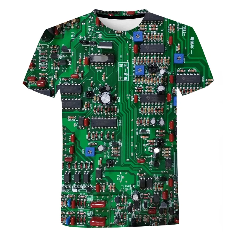 Men's T-Shirt Casual Circuit Board Electronic Chip Short Sleeve Street Fashion Men's Clothing Oversized T-Shirt Top