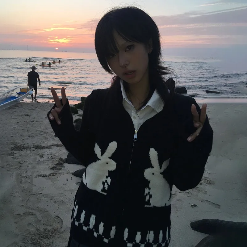 Женский вязаный кардиган на молнии с вышивкой кролика Harajuku 2000-х годов