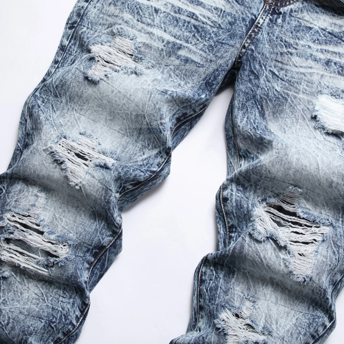 Spring And Autumn Classic Nostalgia Blue Hole Stretch Straight Leg Jeans, High Quality Skinny Cat Beard High Street Casual Pants