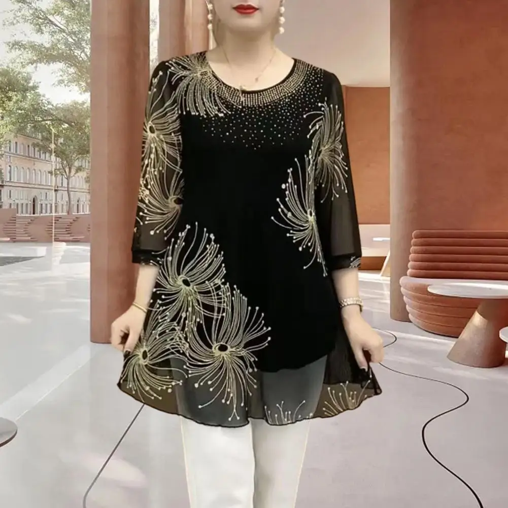 

Round Neck Women Top Floral Mesh Double Layered Mid-length Top for Mid-aged Stylish Spring Shirt with Color Matching Three