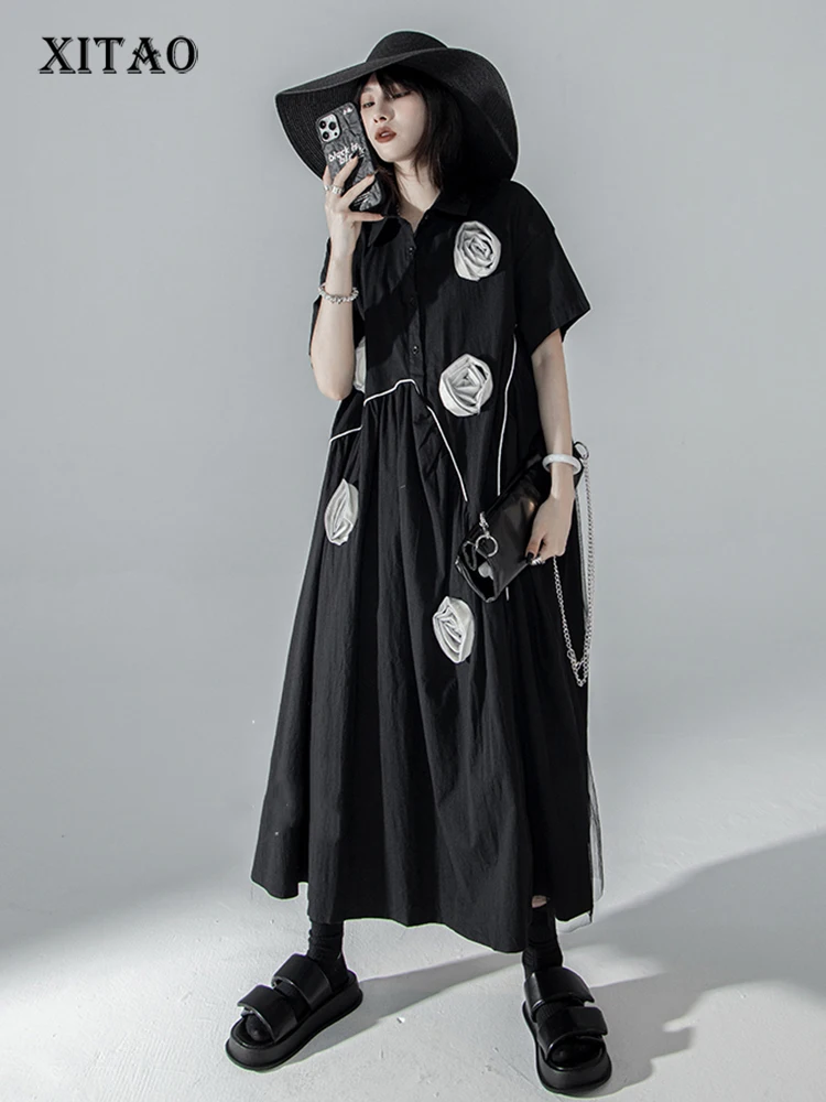 

XITAO Black Shirt Dress Fashion Three-dimensional Flower Decoration Irregular Splicing Folds Dress Summer New Women DMJ1030