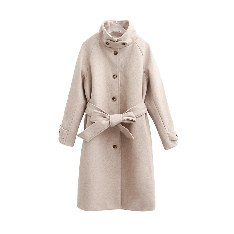 

Women Elegant Long Wool Coat With Belt Solid Color Long Sleeve Chic Outerwear Ladies High Collar Winter Coat Overcoat 2022