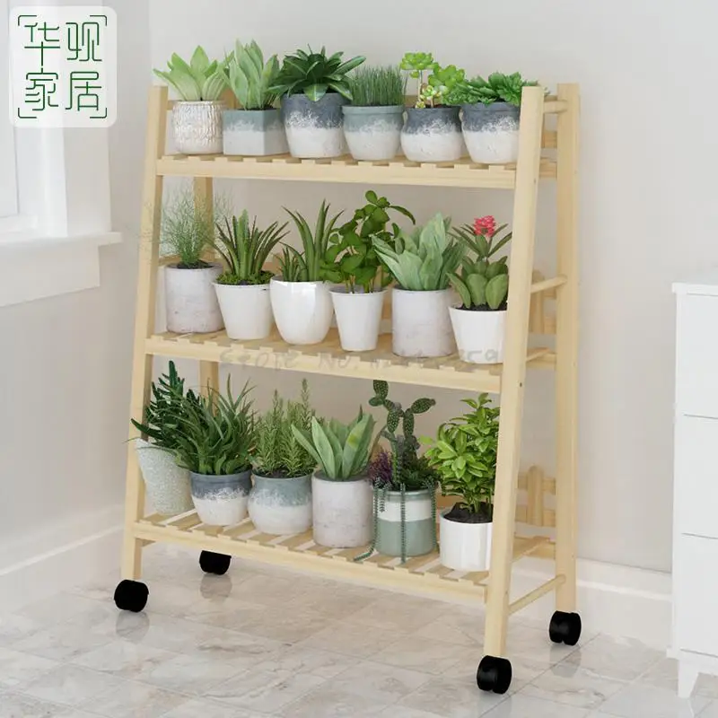 Цветочная полка из дерева многослойная комнатная зеленая для сохранения места в