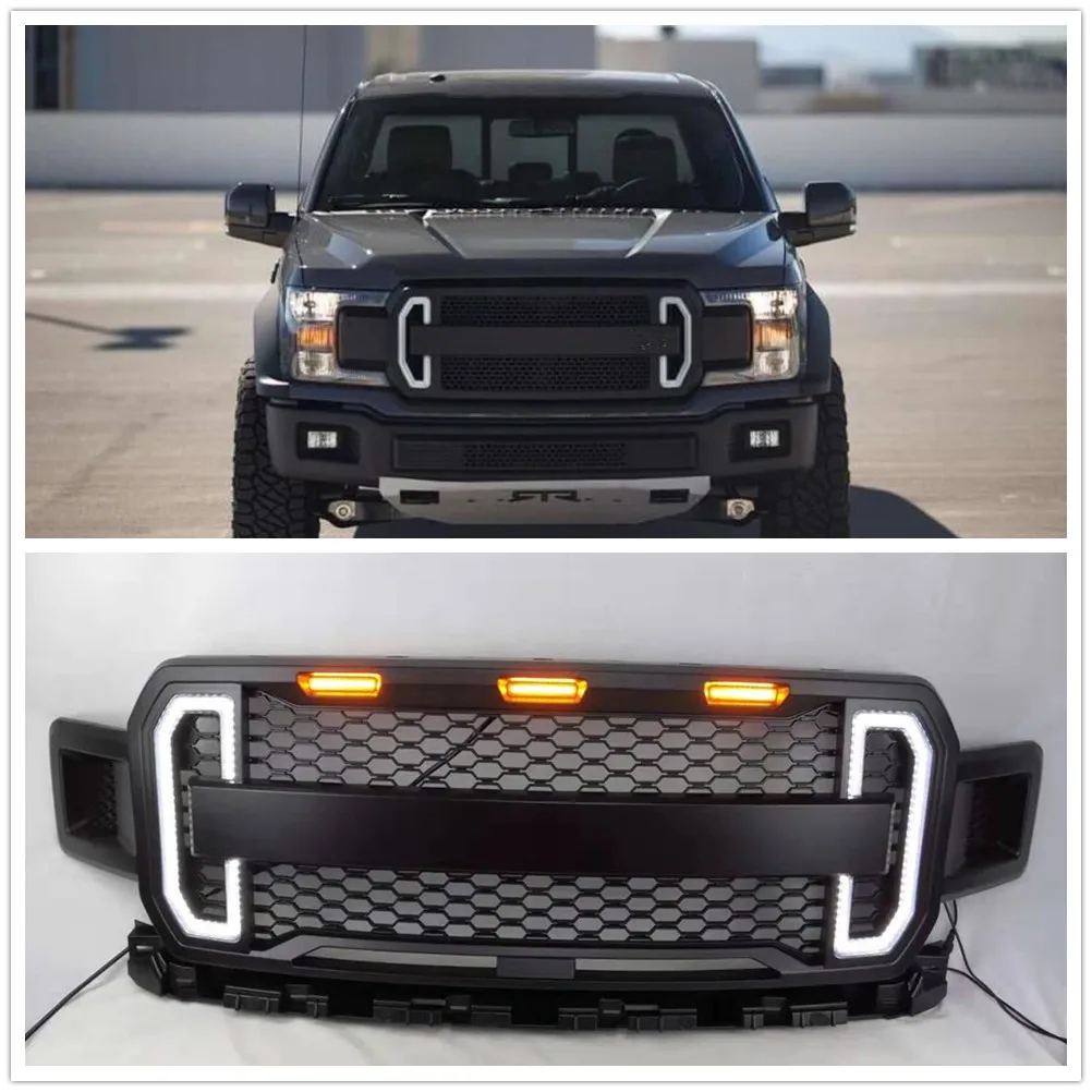 Car Front Grille Grill LED Lights Upper Bumper Hood Mesh W/ Amber For Ford F150 F-150 Raptor Style 2018-2019