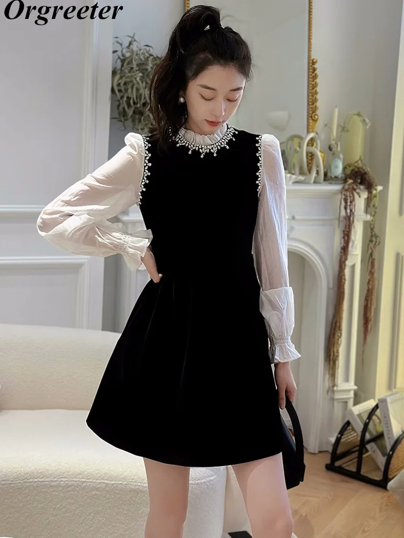 

Dress for Women 2023 Fall Winter New Korean Fashion Luxury Diamonds Crystal Deco Splicing Organza Long-sleeved Velvet Mini Dress