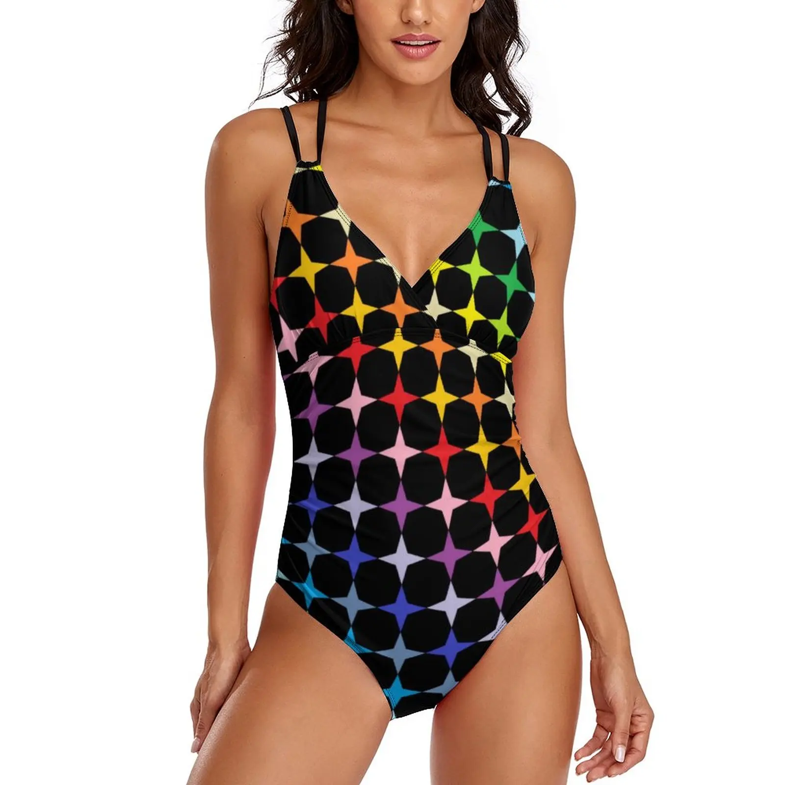 

Funny Rainbow Swimsuit Four Points Stars Swimwear One-Piece Bathing Suits Sexy Vintage Surf Beachwear Large Size