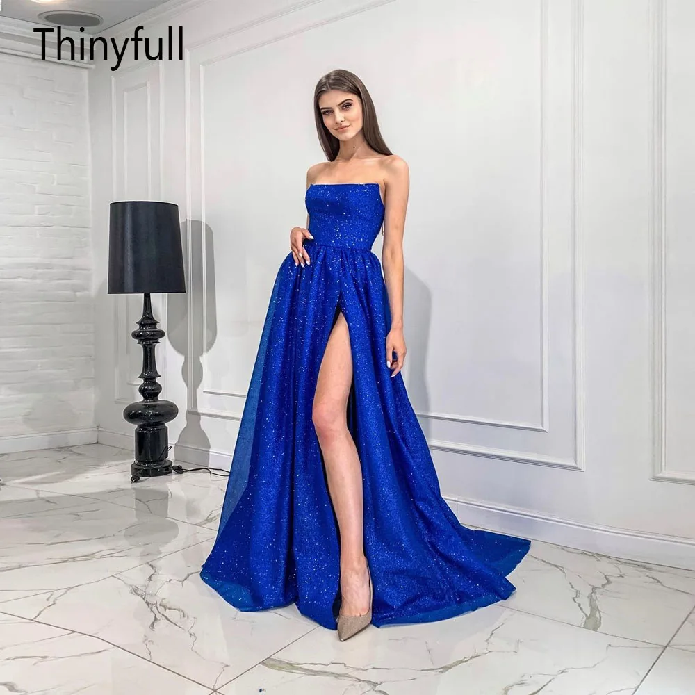 

Thinyfull 2022 Blue Elegant Evening Dress Shiny Strapless Sleeveless Prom Dress Skirt And Ground Side Split Evening Dress