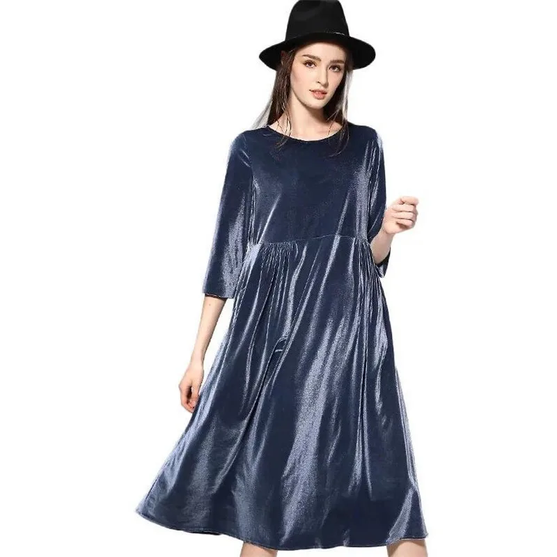 

New 2023 Women Spring Dress Pure Color Soft Casual Gold velvet Dresses Three Quarter Sleeve Solid velour Dress Vestidos 6XL 7XL