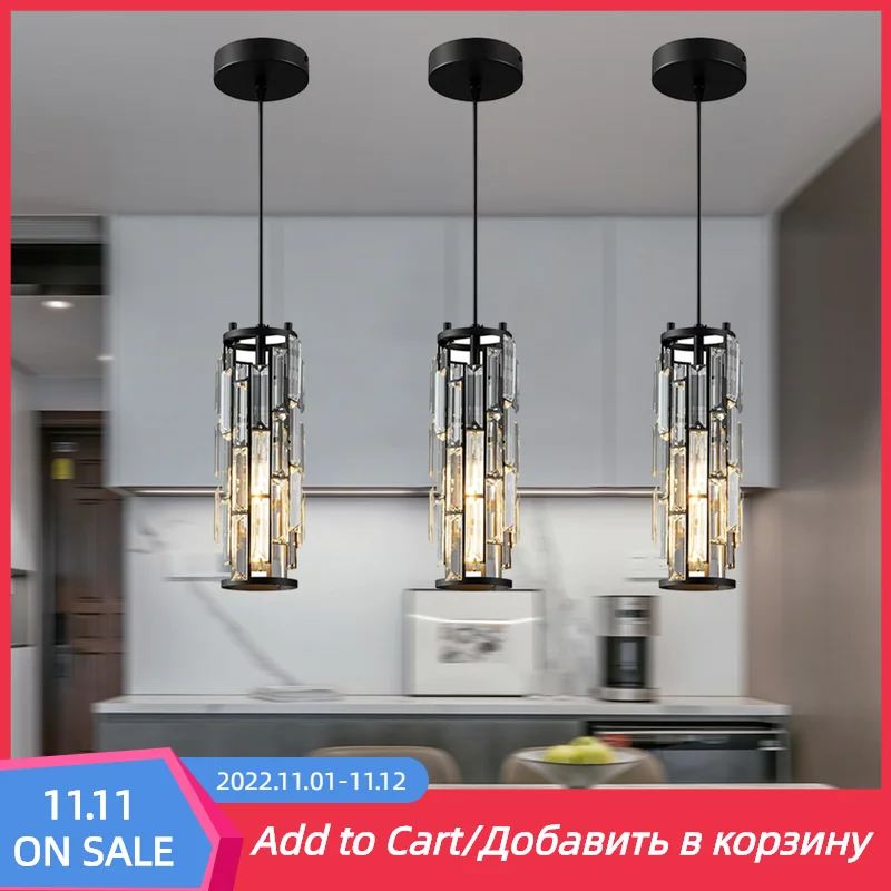 Modern Pendant Light Mini Crystal Chandeliers Adjustable Fixture for Bedroom Kitchen Island Dinning Room Black Chrome 3-Light