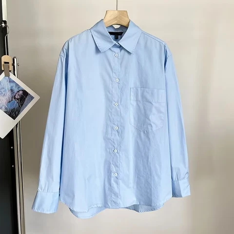 Рубашка Maxdutti Женская Повседневная, модная блуза в британском стиле, хлопковая Свободная рубашка в стиле бойфренда с большими карманами, синяя, осень 2023