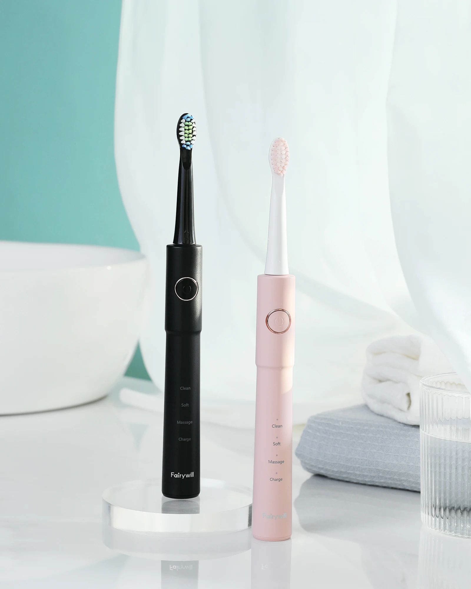 Фото Электрическая зубная щетка Fairywill Sonic E11, водонепроницаемая USB-зарядка с 8 сменными насадками, черный и розовый набор для пары №4