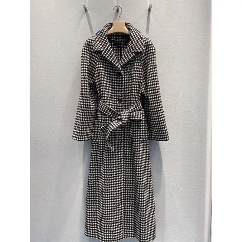 

2022 New Korean Houndstooth Check Wool Coat for Winter Stylish Vintage Single-Breasted Warm Long Woolen Coat
