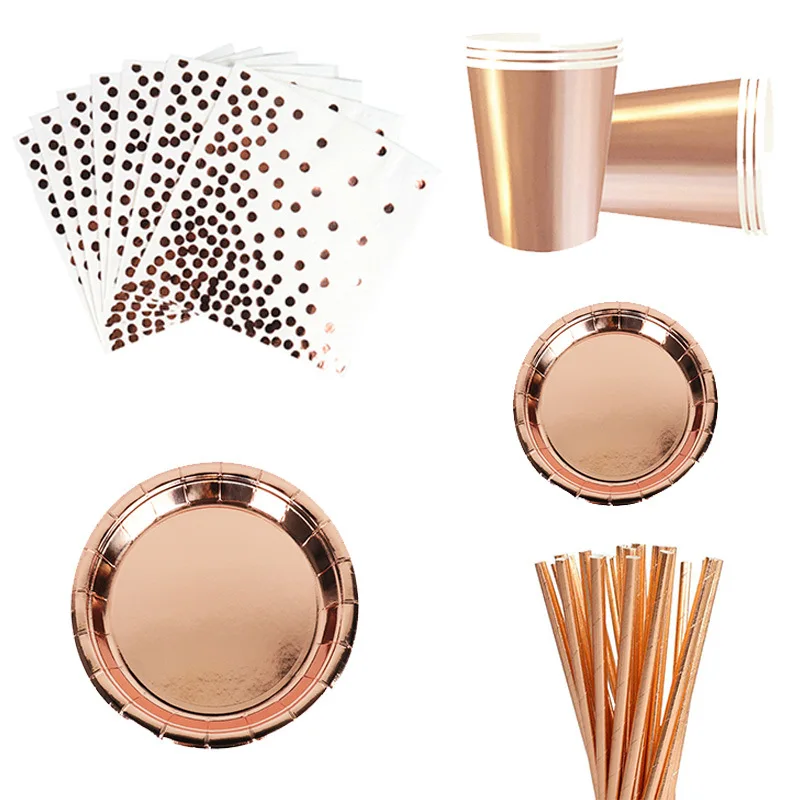 

Rose Gold Dinner Plate Cup Napkin Disposable Cutlery Happy Birthday Party Supplies Wedding Bronzing Wave Dot Party Gifts