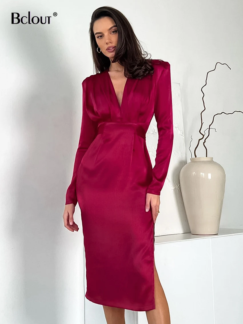 

Bclout Fashion Satin Red Long Dress Women 2023 Autumn Office V-Neck Long Sleeve Slit Dresses Elegant Lace-Up Party Midi Dresses