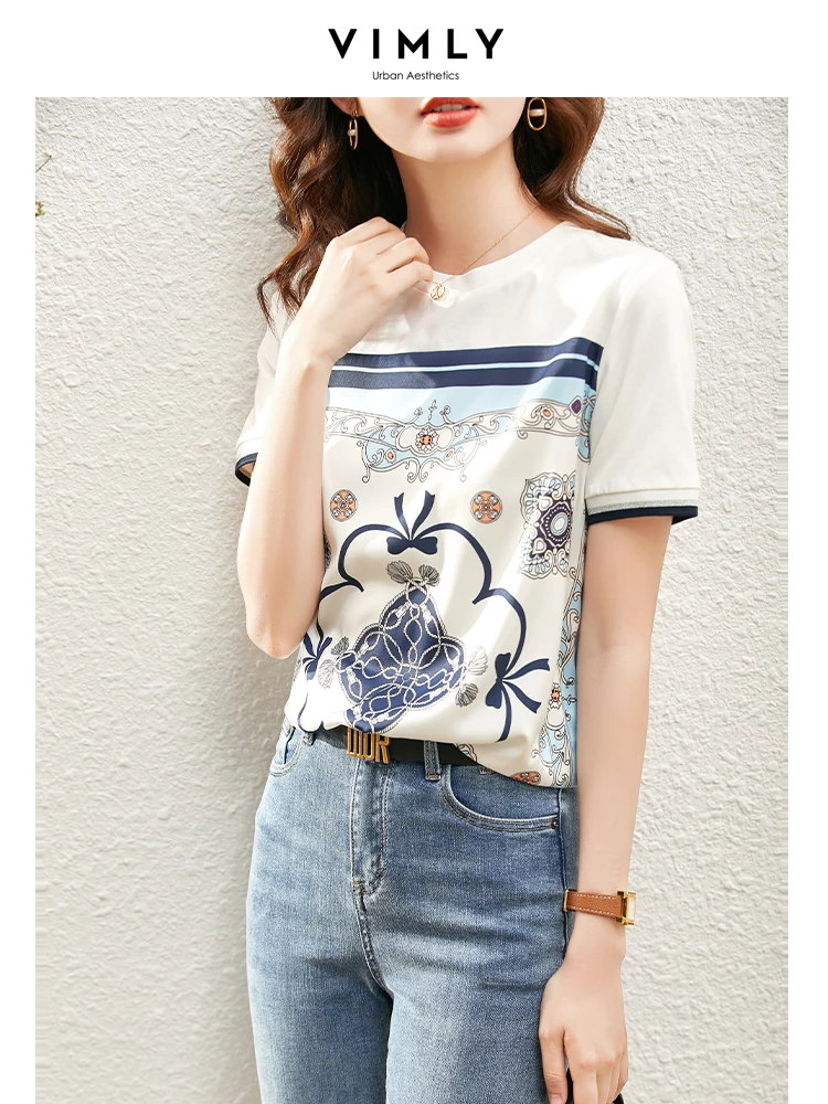 

Vimly Printed Cotton Summer T-Shirt for Women Top 2023 Spring Korean Fashion Casual Loose O-neck Short Sleeve White Tee Clothing