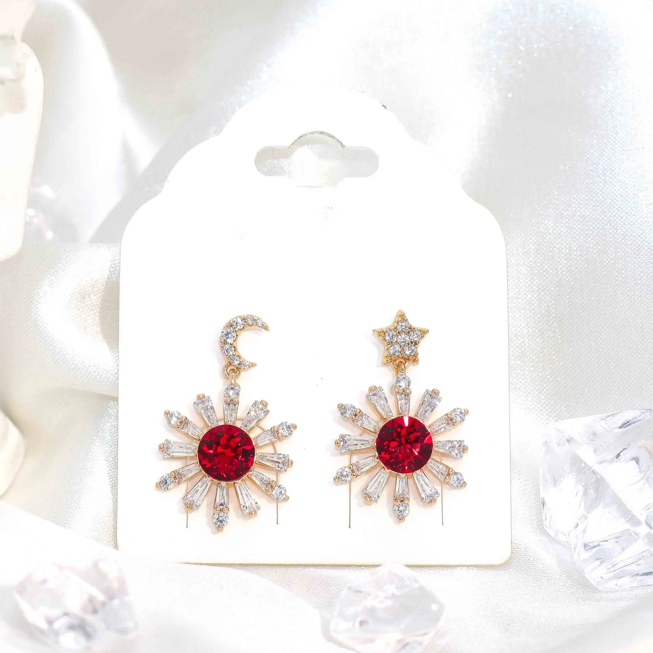 Charmoment Jewelry Red Zircon Crystal Drop Hanging Earrings Sun Moon Star Asymmetric Ear Stud Girlfriend Lover Accessories Gift