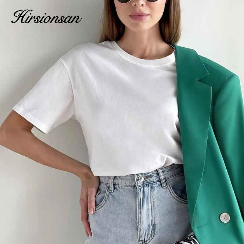 Hirsionsan-Camiseta básica de algodón para mujer, camisetas lisas holgadas de 19 colores, Camiseta holgada informal de gran tamaño con cuello redondo, Tops para mujer 2022