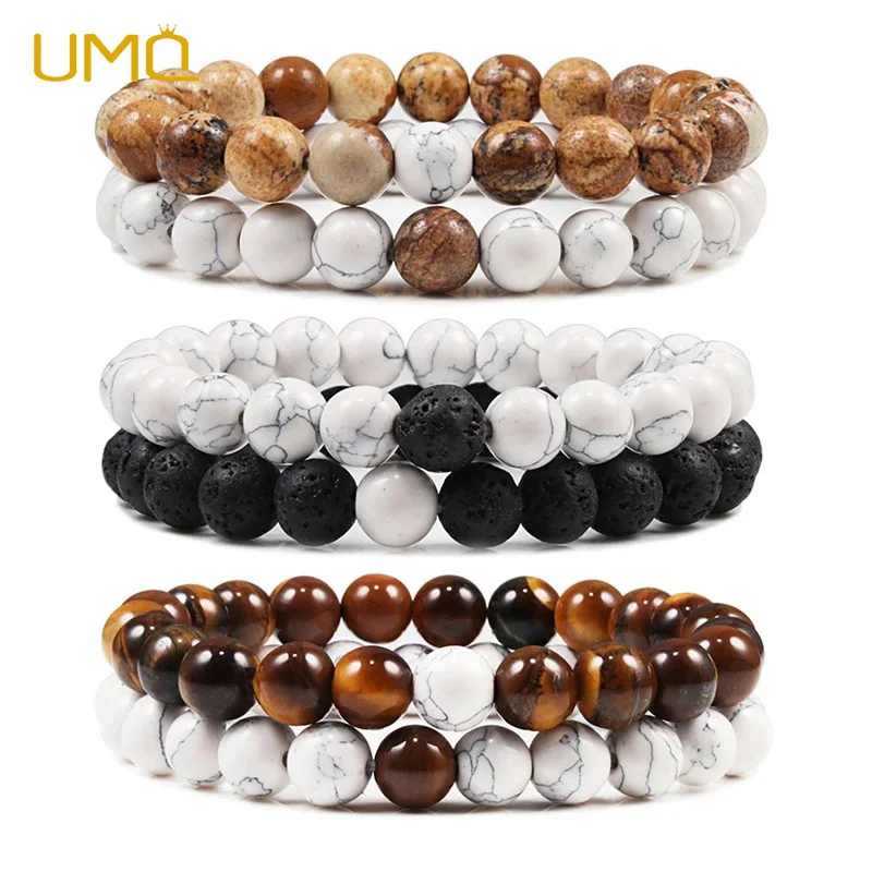 

UMQ Black White Natural Lava Stone Beaded Yoga Bracelets for Women Men Vintage Elastic Rope Couples Bracelet Set Jewelry Gifts