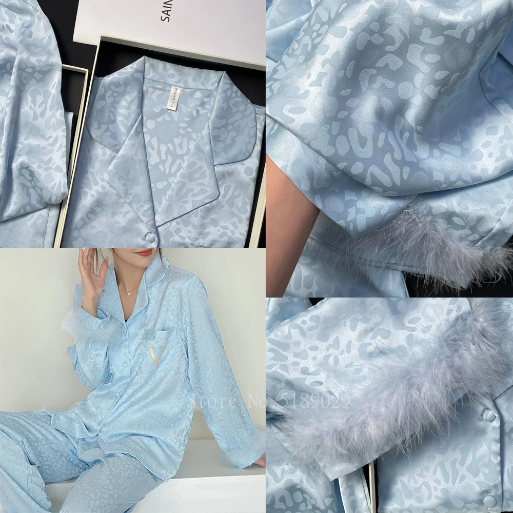 Женская пикантная Пижама с вышивкой рубашка и брюки роскошная перьями свободный