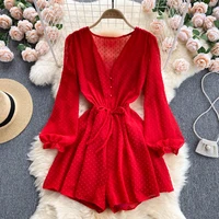 women dot chiffon rompers long sleeve v neck casual loose overalls jumpsuits summer korean wide leg beach playsuits